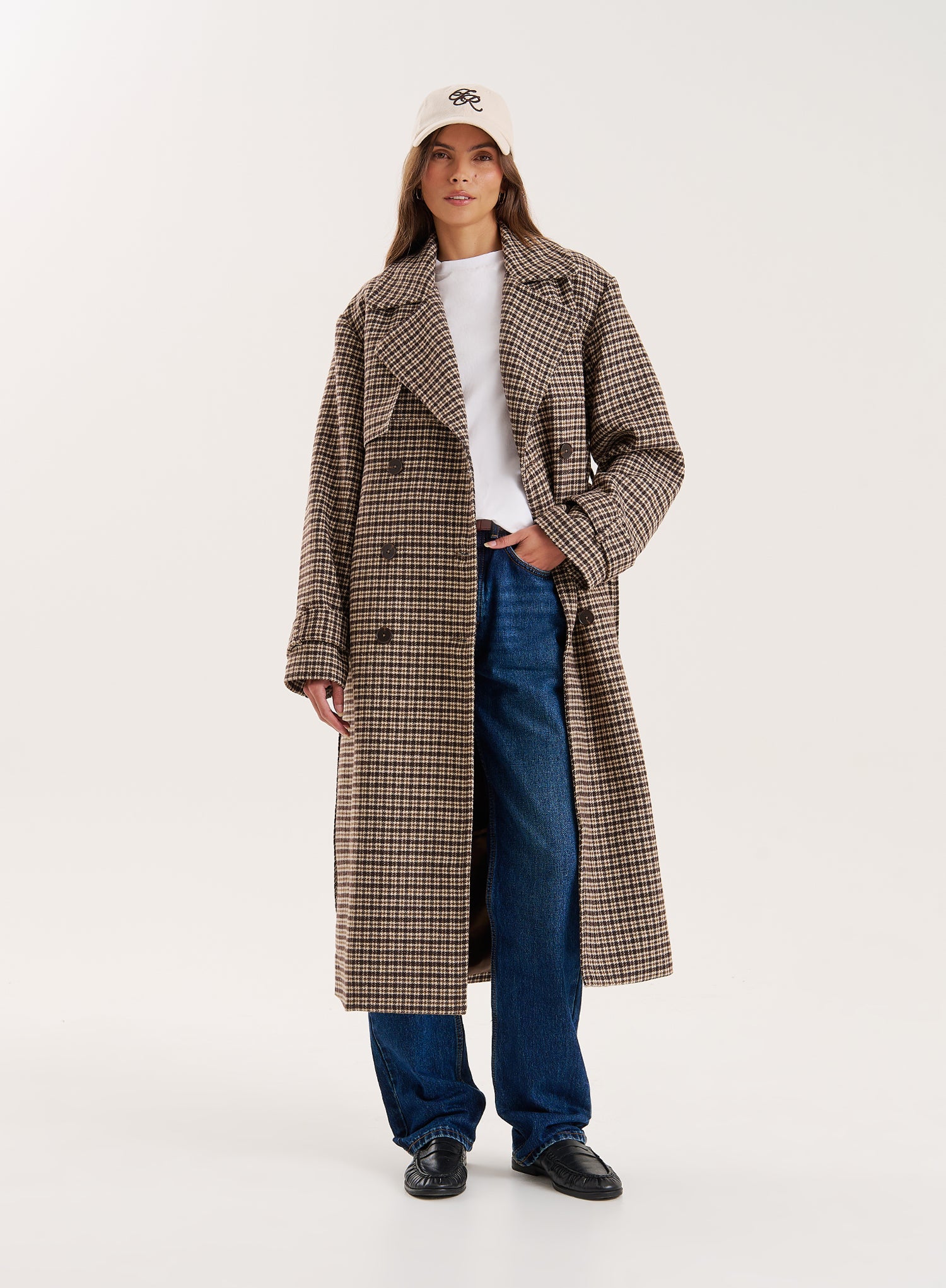 Brown Checked Belted Wool-Blend Trench Coat